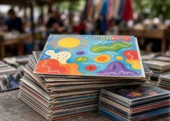 Pilha de LPs e CDs dos anos noventa em banca de feira