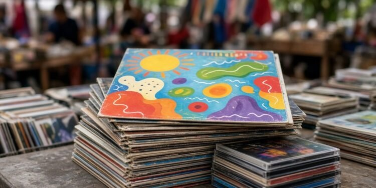 Pilha de LPs e CDs dos anos noventa em banca de feira