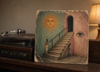 LP de rock dos anos setenta com capa de arte surreal ao lado do toca-discos