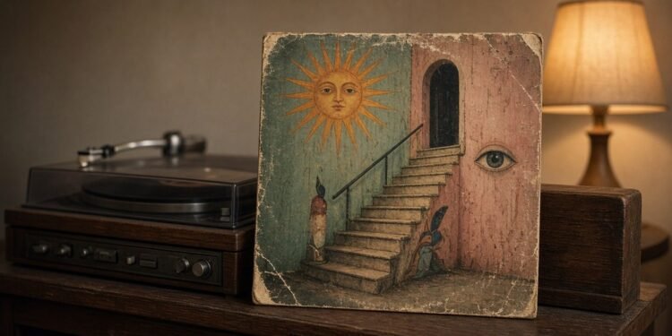 LP de rock dos anos setenta com capa de arte surreal ao lado do toca-discos