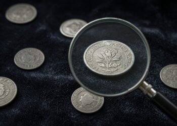 Moedas antigas de aço sobre veludo escuro com lupa