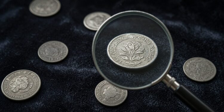 Moedas antigas de aço sobre veludo escuro com lupa