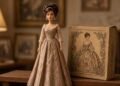 Boneca antiga em vestido de época numa prateleira ao lado da caixa original