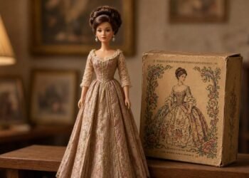 Boneca antiga em vestido de época numa prateleira ao lado da caixa original