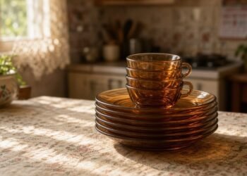 Pilha de pratos e xícaras de vidro âmbar na mesa de cozinha