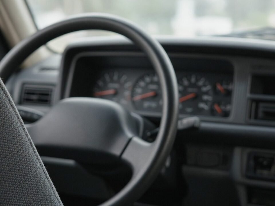 Painel e volante de carro compacto dos anos oitenta