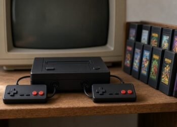 Videogame dos anos oitenta com controles e cartuchos diante de TV de tubo