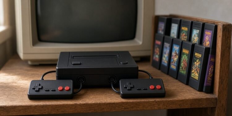 Videogame dos anos oitenta com controles e cartuchos diante de TV de tubo
