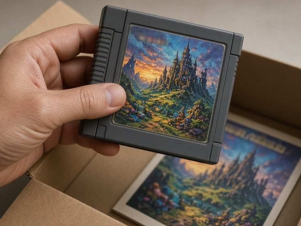 Mão segurando cartucho de jogo sobre caixa com manual