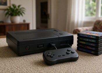 Videogame dos anos noventa com controle e cartuchos no tapete da sala