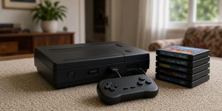 Videogame dos anos noventa com controle e cartuchos no tapete da sala