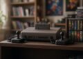 Videogame antigo com joysticks e cartuchos em prateleira