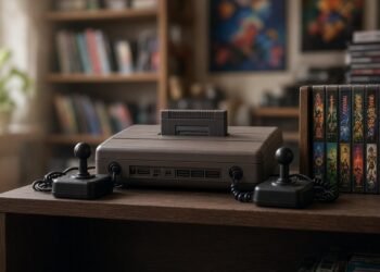 Videogame antigo com joysticks e cartuchos em prateleira