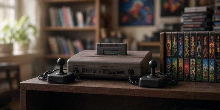Videogame antigo com joysticks e cartuchos em prateleira