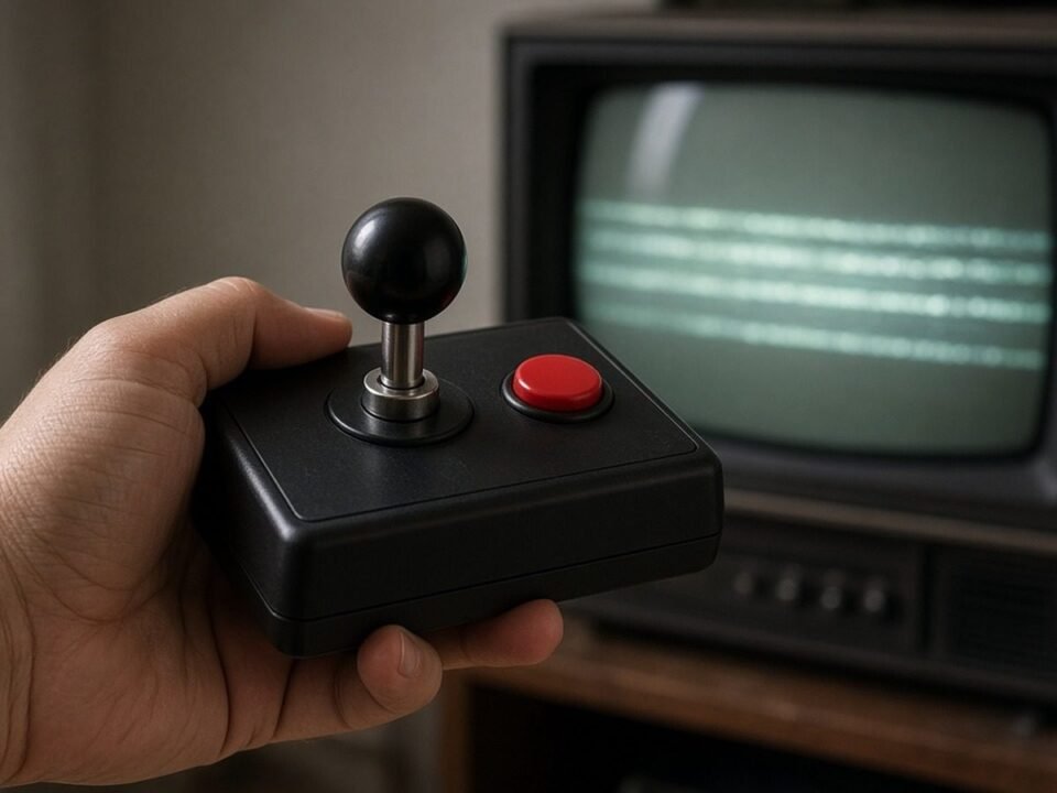 Mão segurando joystick com botão vermelho