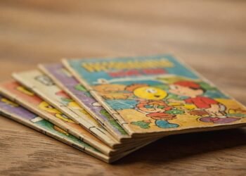 Gibis antigos com capas coloridas espalhados sobre a mesa