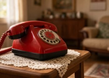 Telefone de disco vermelho sobre mesinha com toalha de crochê