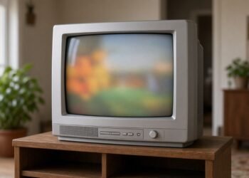 TV de tubo grande sobre rack de madeira em sala de estar