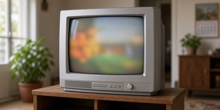 TV de tubo grande sobre rack de madeira em sala de estar