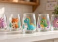 Copos de vidro com desenhos de bichinhos coloridos em prateleira de cozinha