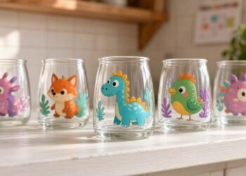 Copos de vidro com desenhos de bichinhos coloridos em prateleira de cozinha