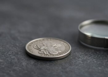 Moeda prateada de aço inoxidável ao lado de lupa