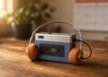 Toca-fitas portátil antigo com fones de espuma laranja