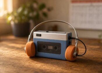 Toca-fitas portátil antigo com fones de espuma laranja