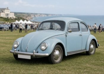 Fusca azul-claro dos anos sessenta com pintura original em exposição de carros antigos