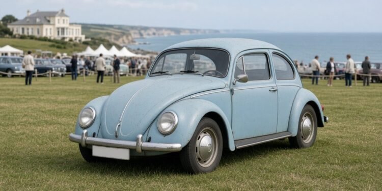 Fusca azul-claro dos anos sessenta com pintura original em exposição de carros antigos