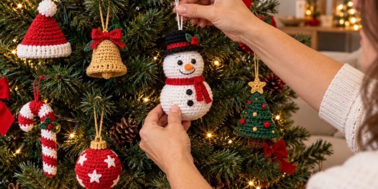 Mãos penduram enfeites de crochê na árvore de Natal