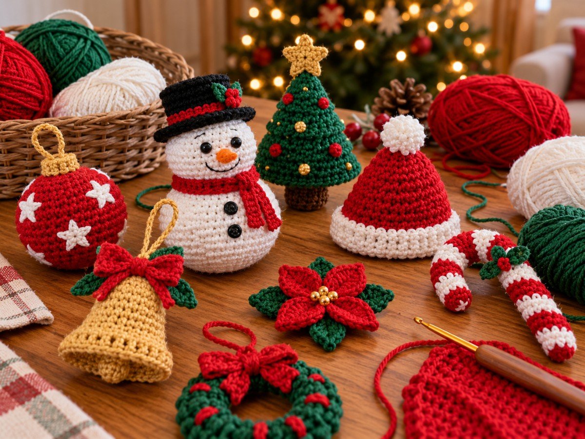 Enfeites de Natal de crochê prontos sobre a mesa com novelos e agulha