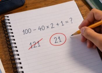 Caderno com a conta 100 − 40 × 2 + 1, a resposta 121 riscada e o 21 circulado