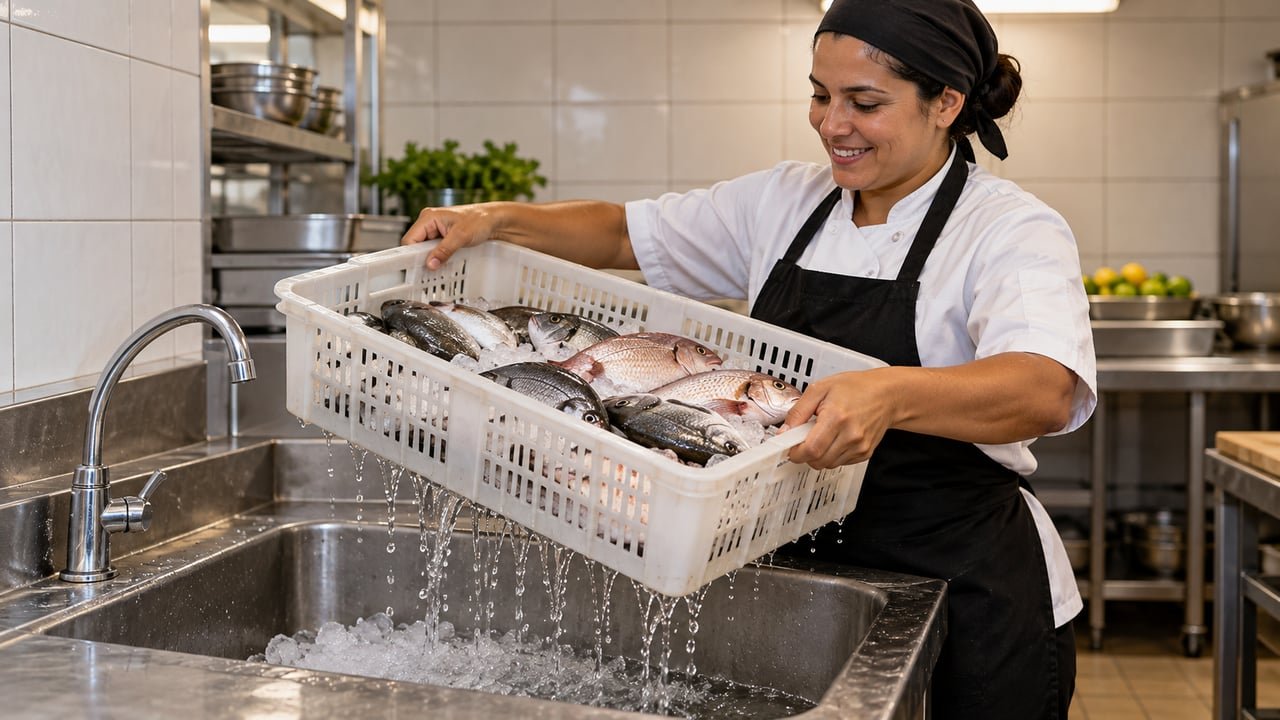 O gelo deve ser escorrido e retirado antes da pesagem, porque o peso cobrado corresponde só ao peixe