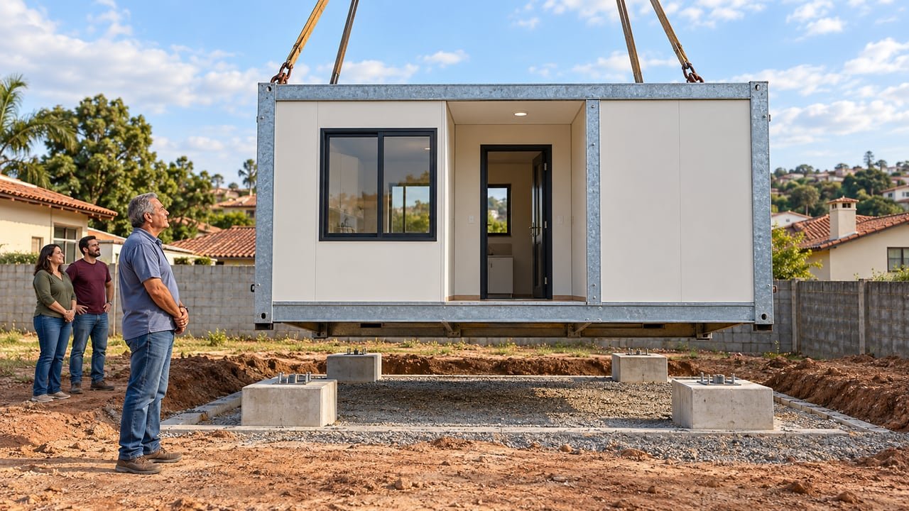 Ele tem 58 anos, vive há sete anos em um cômodo nos fundos da casa de parentes e recebeu uma moradia modular; quando os módulos chegaram ao terreno, a família acompanhou o início da montagem