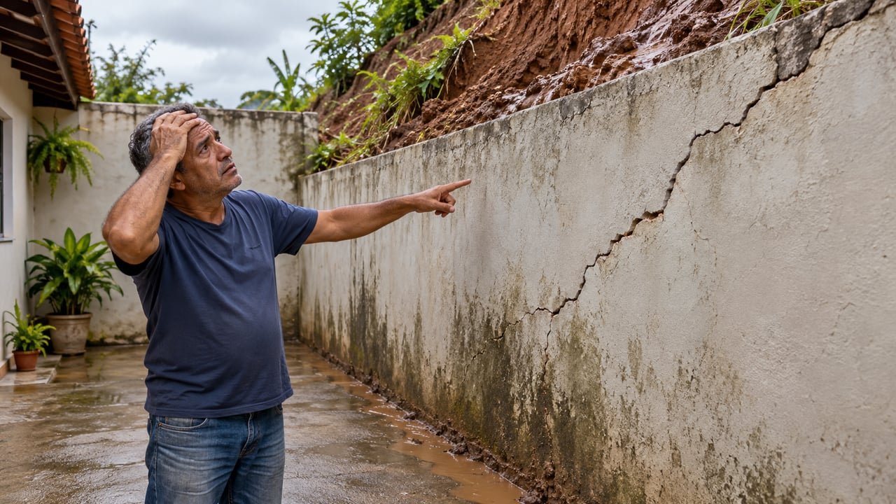 Muro de vedação comum não foi feito para segurar terra e racha com o empurrão lateral do solo encharcado