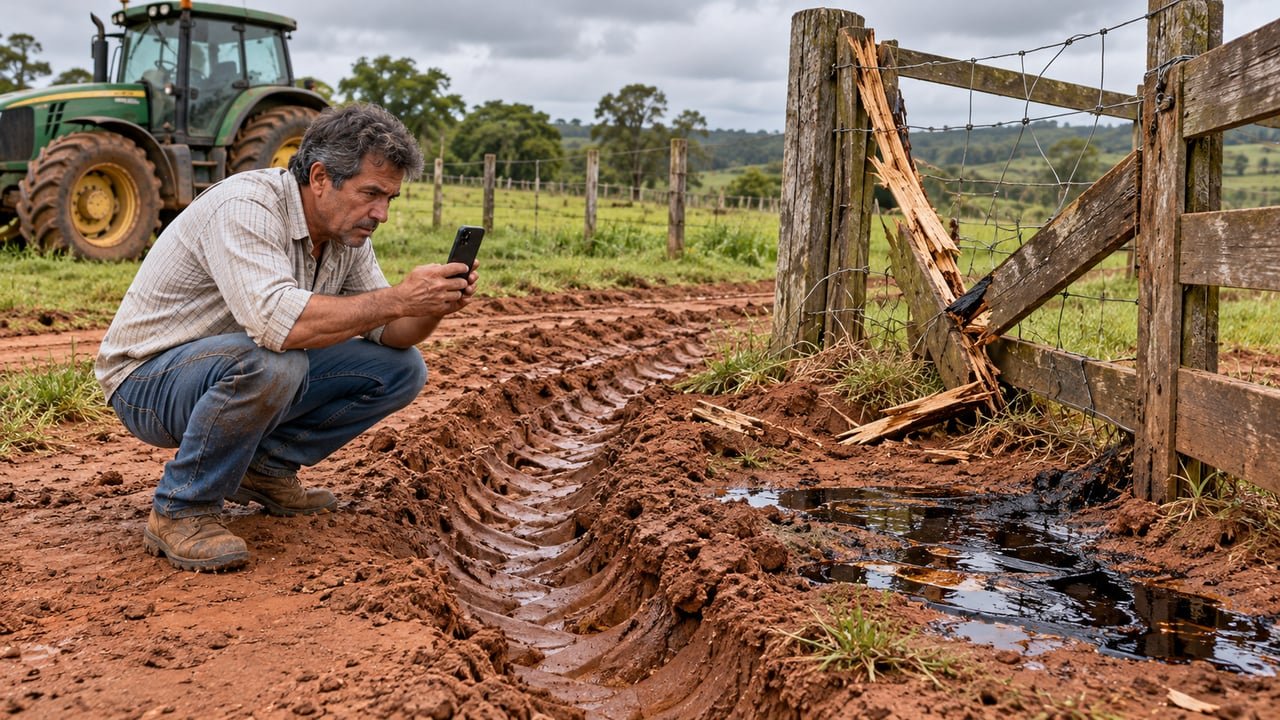 Máquinas pesadas compactam o solo e danificam cercas, e fotografar os estragos logo no retorno ajuda a medir o prejuízo