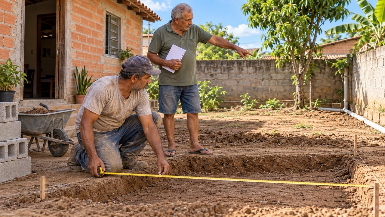Antes de comprar material, um pedreiro deve medir o espaço e definir o destino do esgoto, com tanque séptico e sumidouro onde não há rede coletora