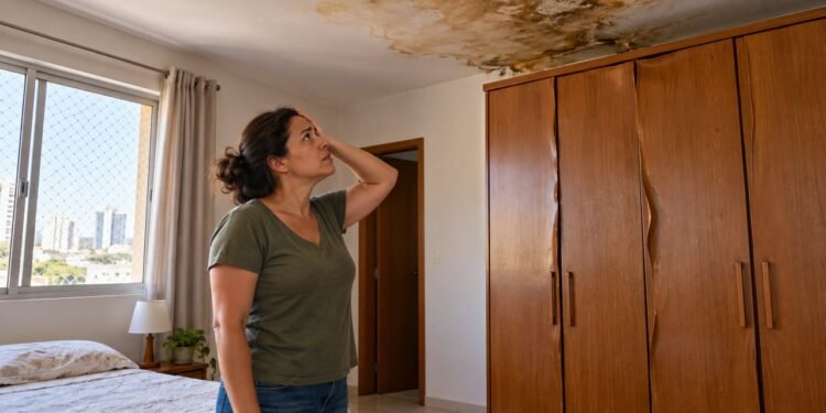 Infiltração vinda do apartamento de cima pode manchar o teto e danificar móveis, e a responsabilidade depende da origem do vazamento