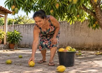 Pelo artigo 1.284 do Código Civil, a manga que cai em quintal particular pertence ao dono do terreno onde caiu
