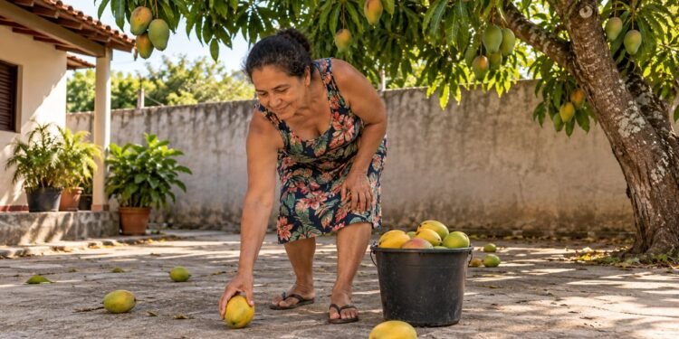 Pelo artigo 1.284 do Código Civil, a manga que cai em quintal particular pertence ao dono do terreno onde caiu