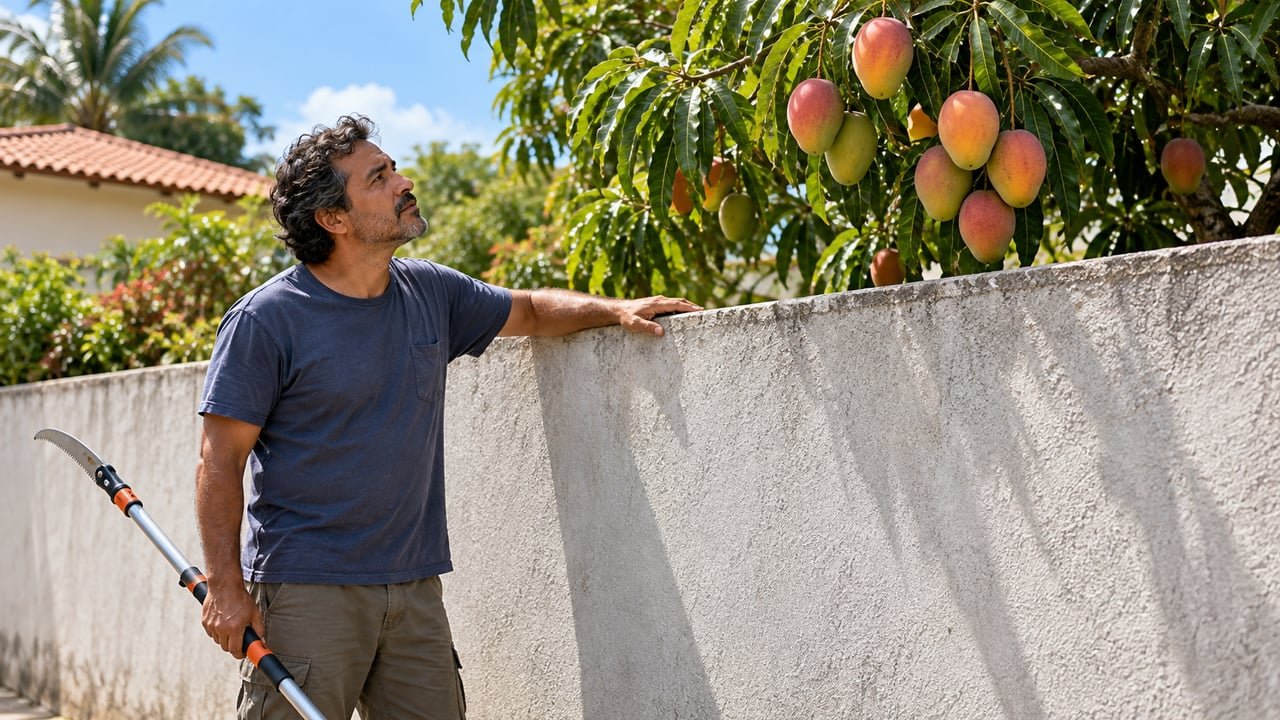 Enquanto está presa ao galho, a manga continua sendo do dono da mangueira, mesmo sobre o muro do vizinho