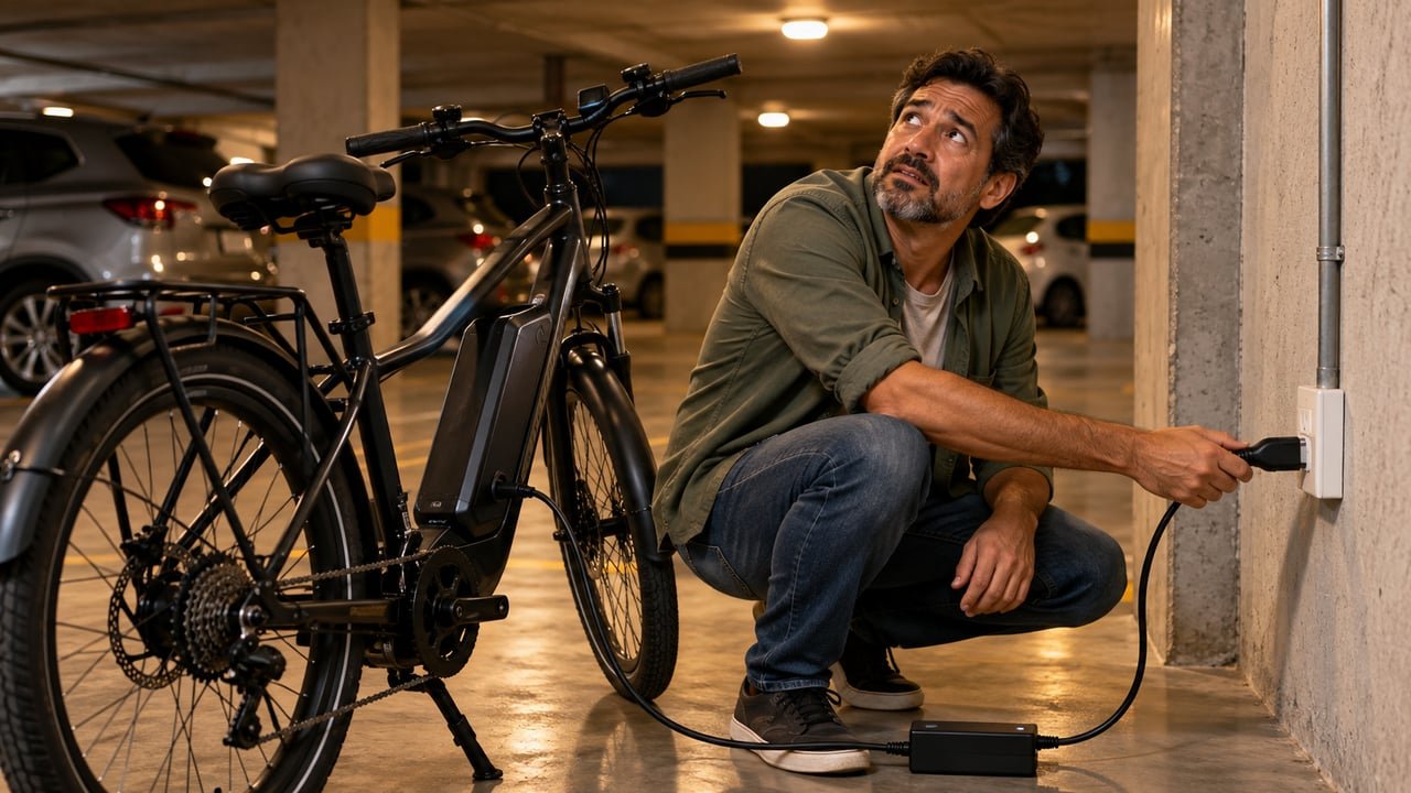 Morador carrega a bicicleta elétrica na tomada da garagem todas as noites e o condomínio cobra R$ 380 pela energia; a assembleia discute se a recarga pode ser proibida