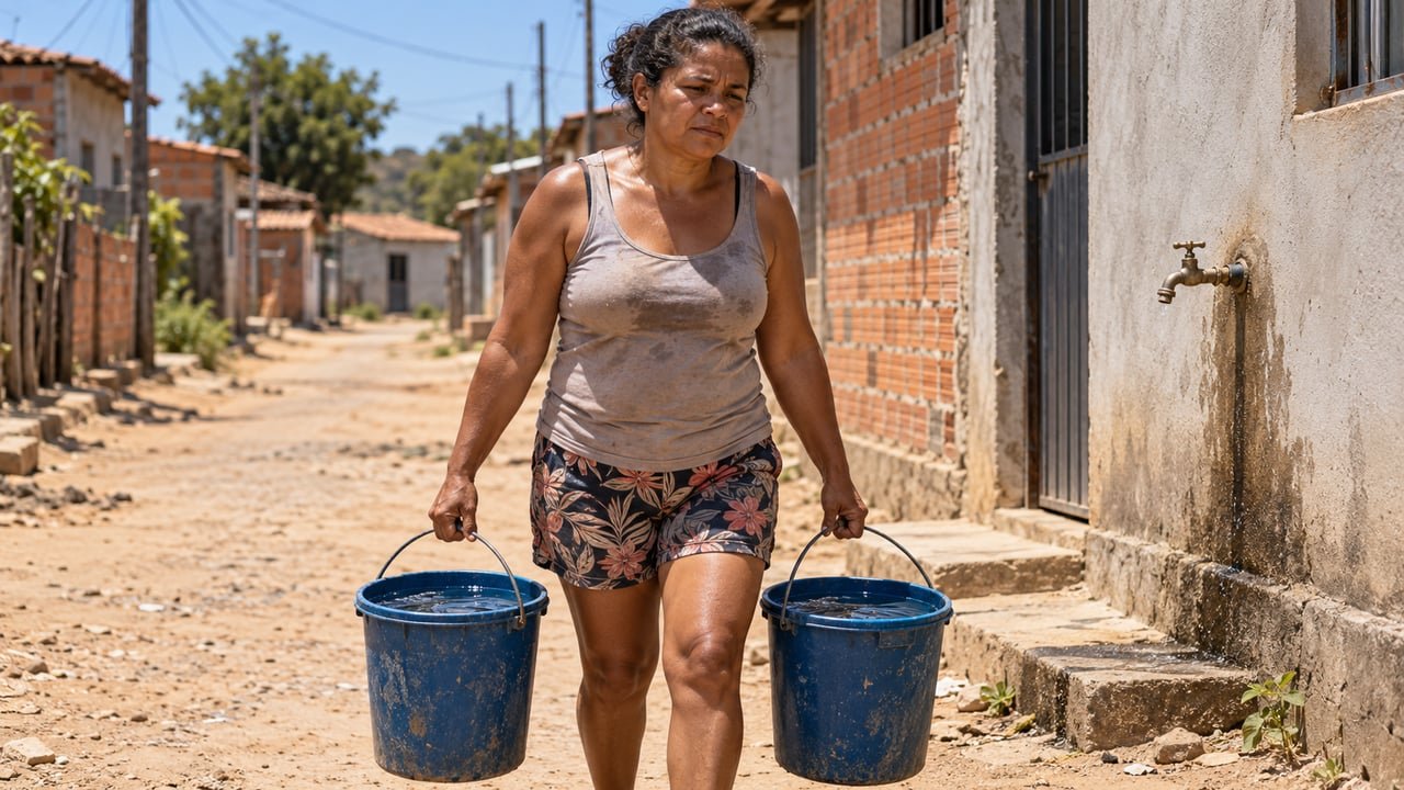 Moradora passa 11 meses carregando baldes de água até sua casa e descobre que a prefeitura registrou como concluída uma obra de R$ 420 mil para abastecer o bairro; ao visitar o local da obra, encontra equipamentos sem funcionar e moradores começam a questionar o destino do dinheiro público