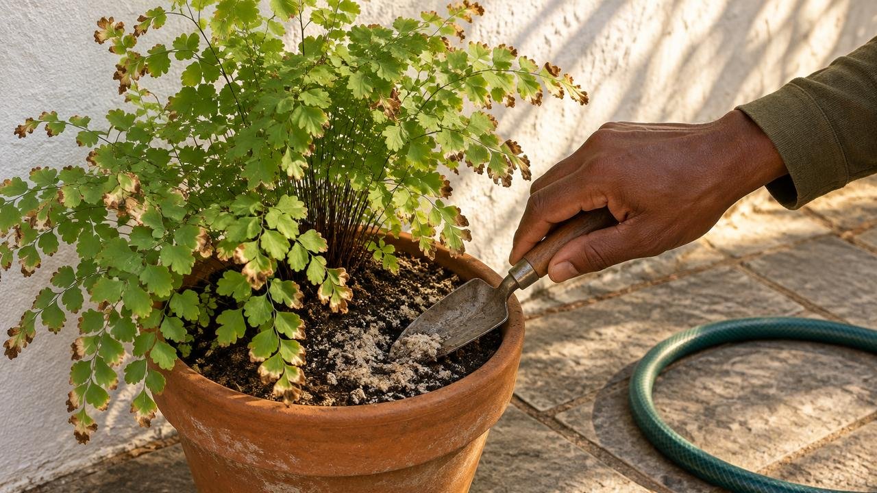 Crosta esbranquiçada na terra indica acúmulo de sais da água tratada em espécies sensíveis