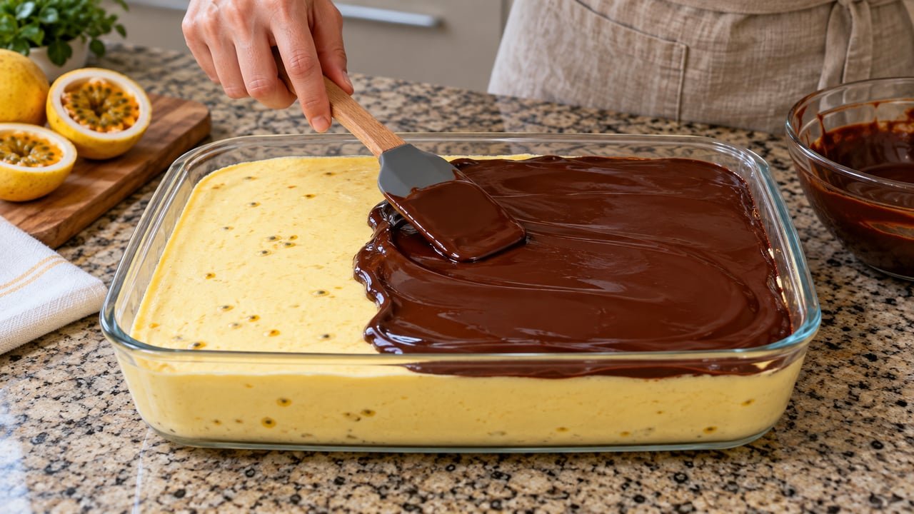 Espalhe o creme de chocolate morno apenas depois que a superfície da mousse firmar na geladeira