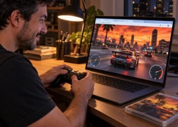 Homem joga com controle uma corrida de carros no navegador do notebook à noite