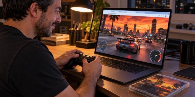 Homem joga com controle uma corrida de carros no navegador do notebook à noite