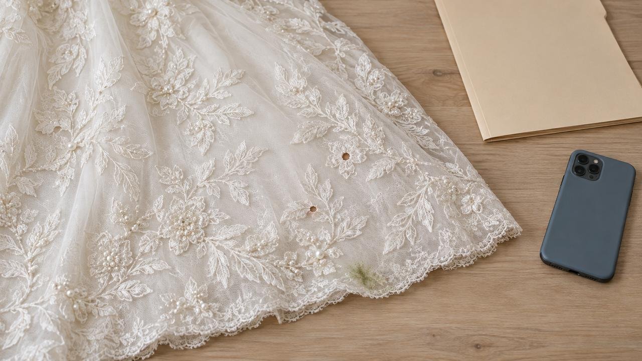 Mancha de grama e pérolas faltando serviram de prova do uso anterior do vestido