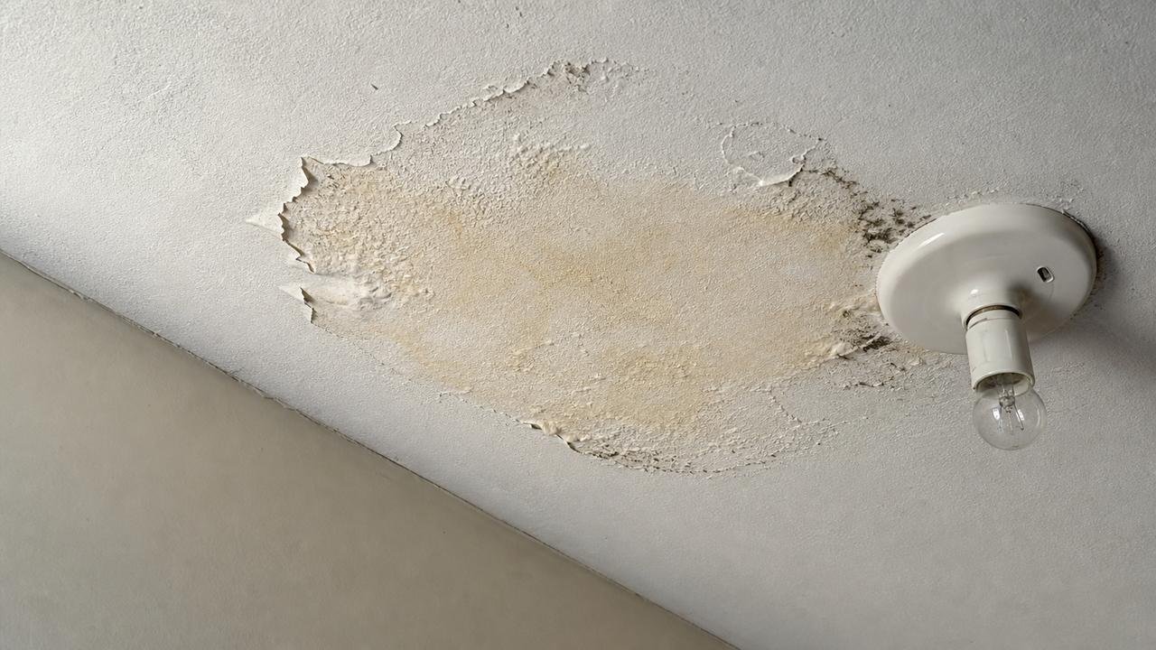 Mancha amarelada e tinta estufada no teto do vizinho de baixo revelam a infiltração meses depois.